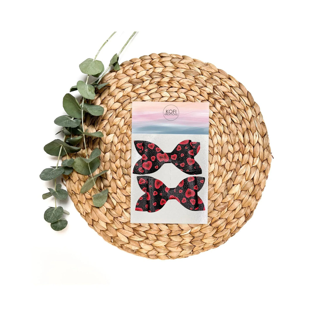 Luna | Red & Black Hearts Faux Leather Hair Bow Set