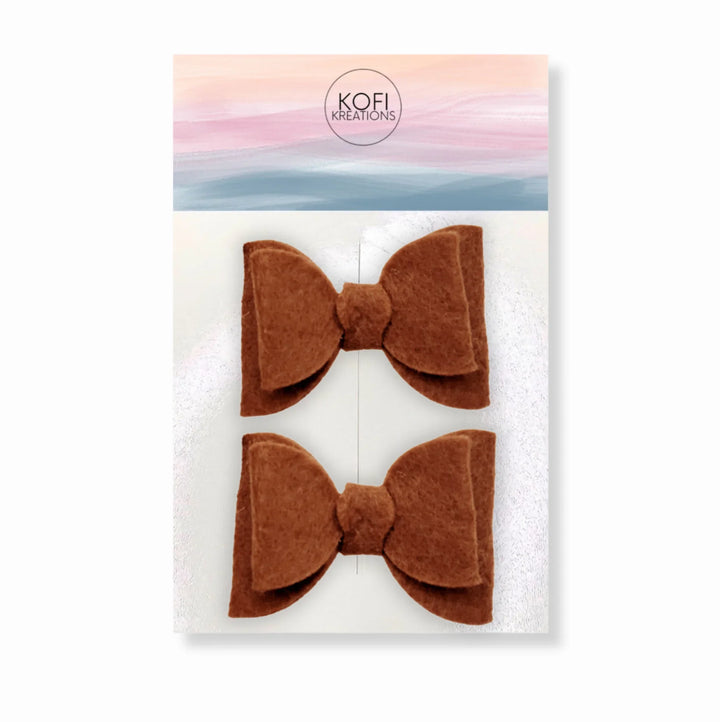 Brown Felt Piggy Hair Bow Clips