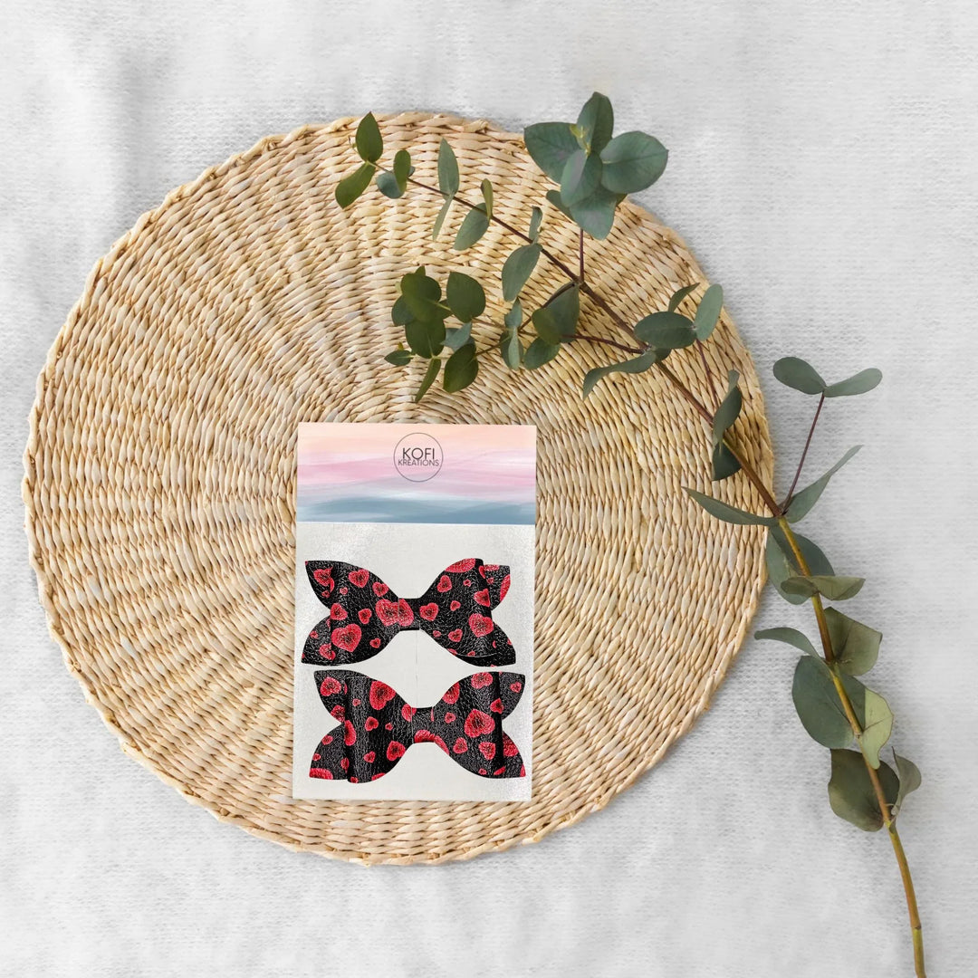 Luna | Red & Black Hearts Faux Leather Hair Bow Set