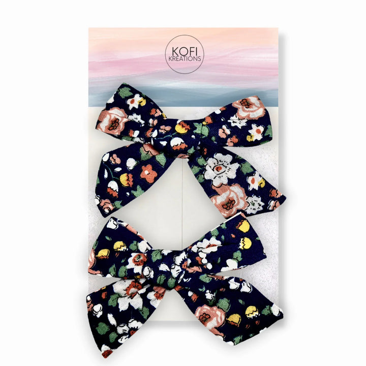 Dark Blue Flower Pigtail Hair Bows
