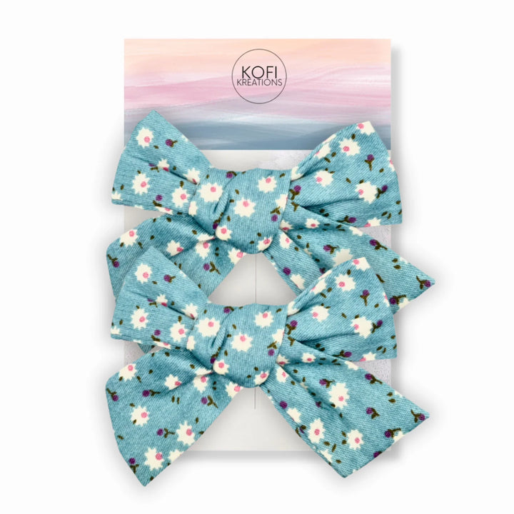 Teal Flower Pigtail Hair Bows