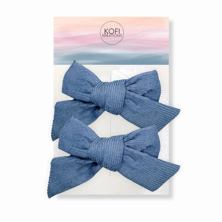 Blue Corduroy Pigtail Hair Bows