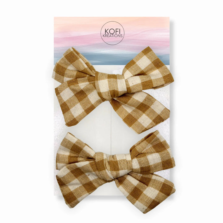 Gingham Brown Pigtail Hair Bows