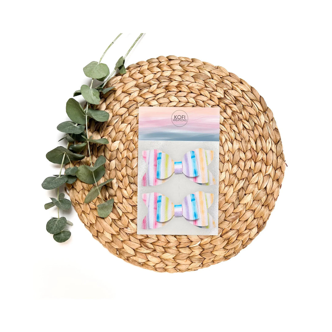 Luna | Pastel Rainbow Plaid Faux Leather Hair Bow