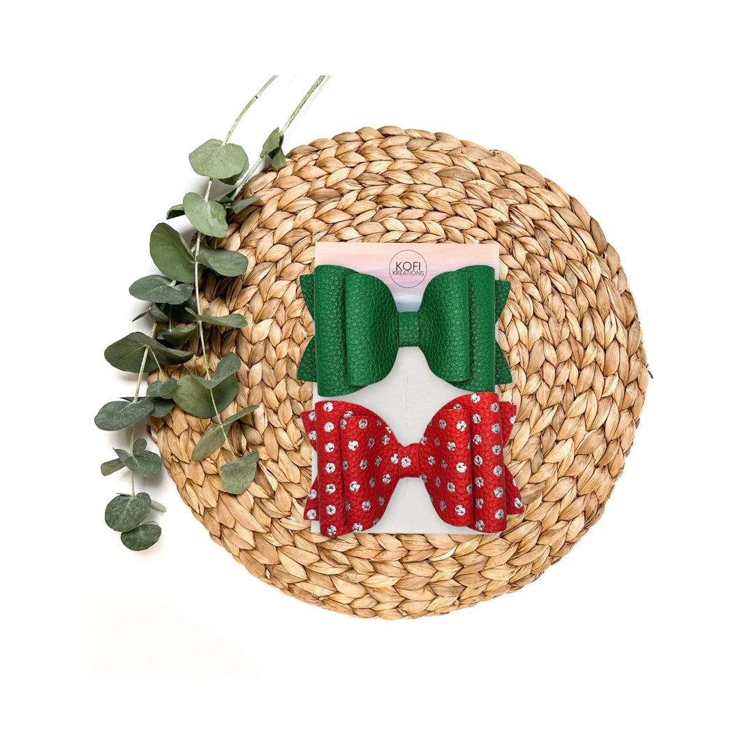 Josie | Red & Green Faux Leather Hair Bow Set
