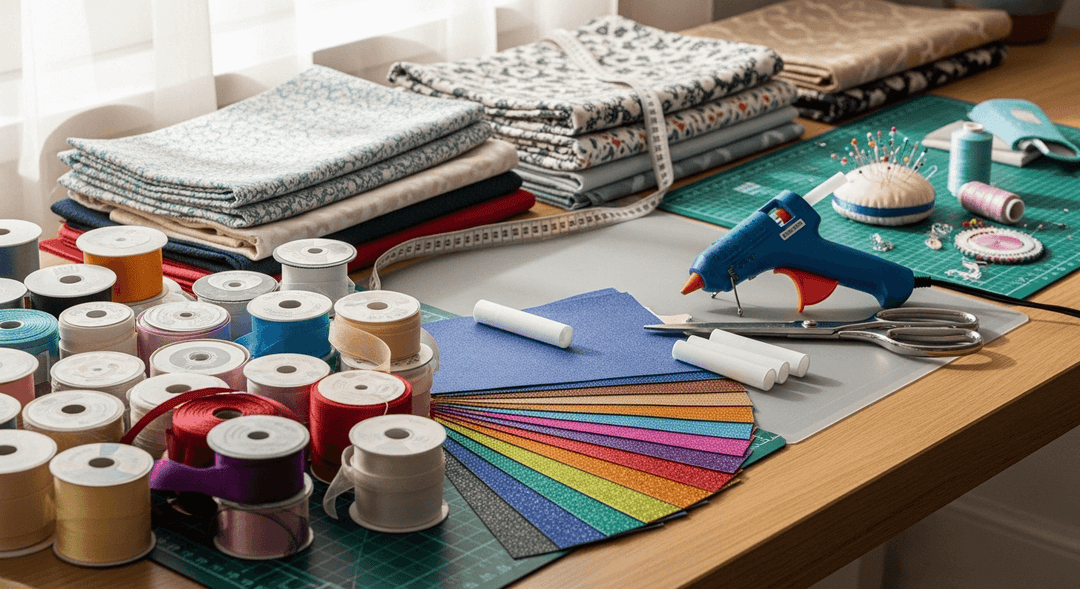 Fabric and sewing supplies on a table including spools of thread, fabric, scissors, and a hot glue gun.
