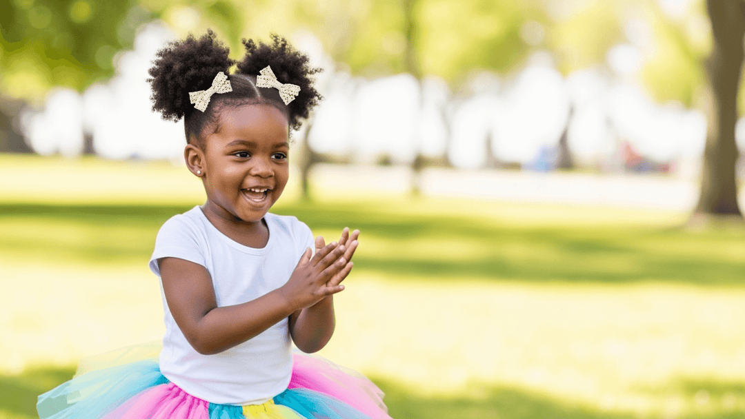 Young girl clapping in a park with green grass and trees in the background