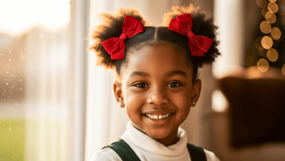 Young girl with red bows in her hair smiling indoors