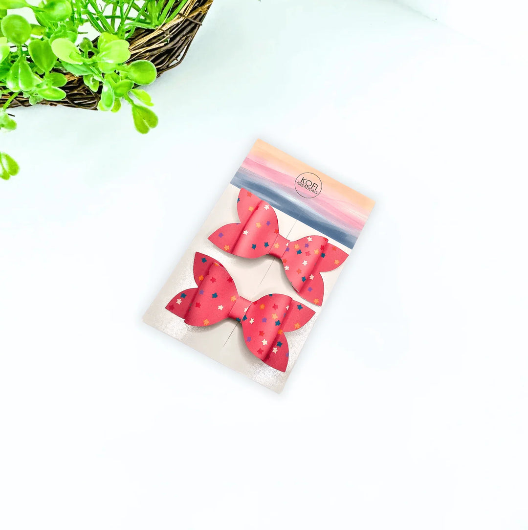 Pink Stars Faux Leather Bow Set - Kofi Kreations