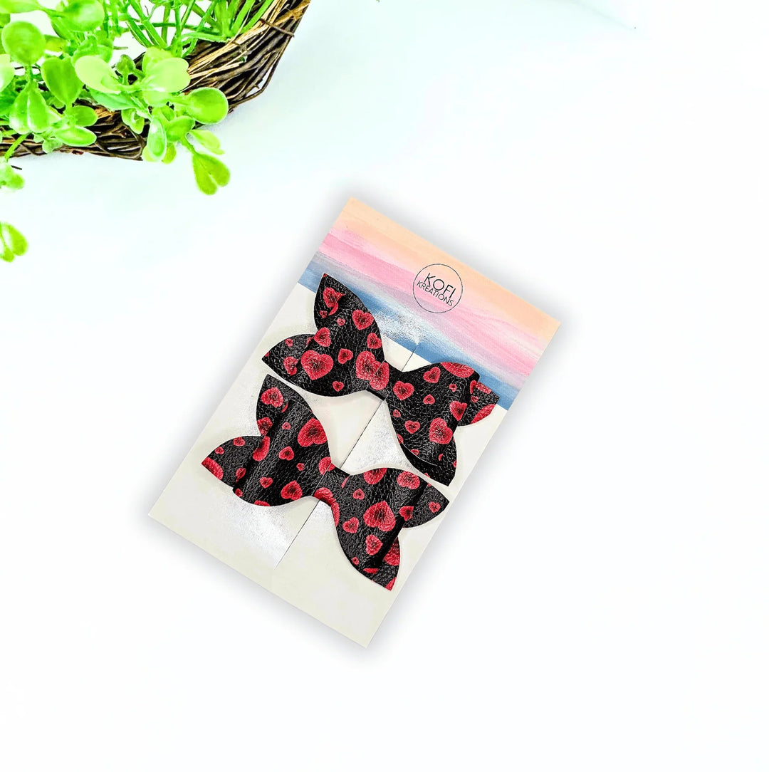 Red & Black Hearts Faux Leather Bow Set - Kofi Kreations
