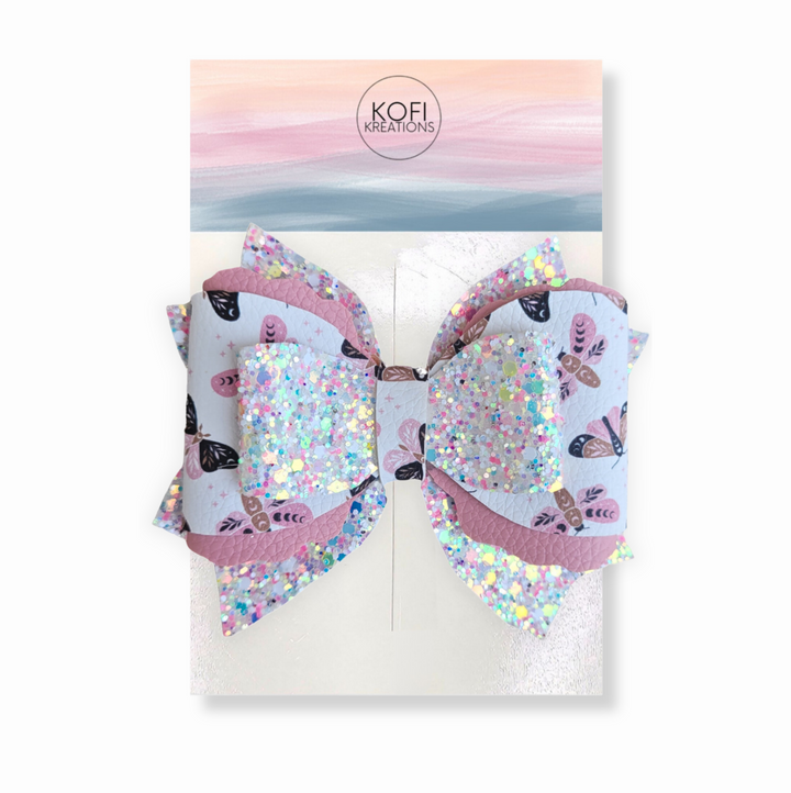 Pink Butterfly Leather Glitter Hair Bow