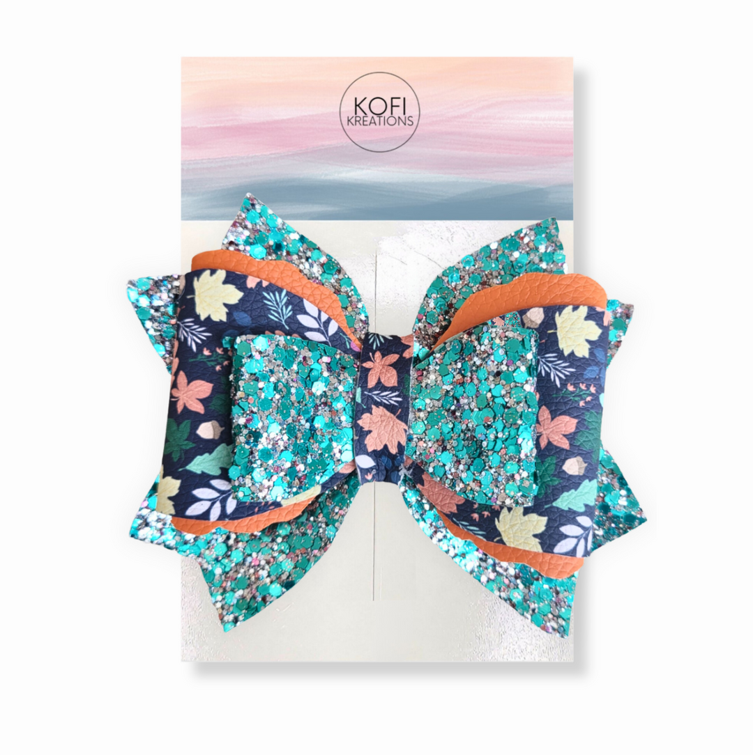 Teal Blossom Leather Glitter Hair Bow