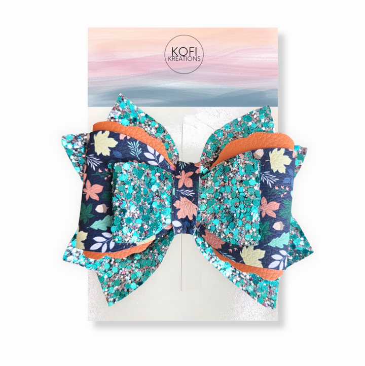 Teal Blossom Leather Glitter Hair Bow