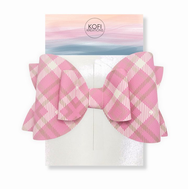 Pink Plaid Leather Hair Bow