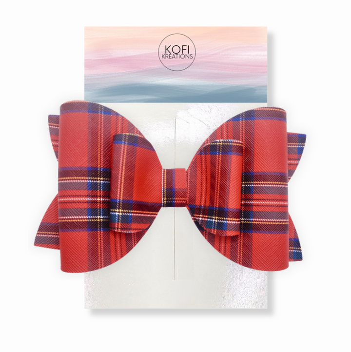 Red Plaid Leather Hair Bow