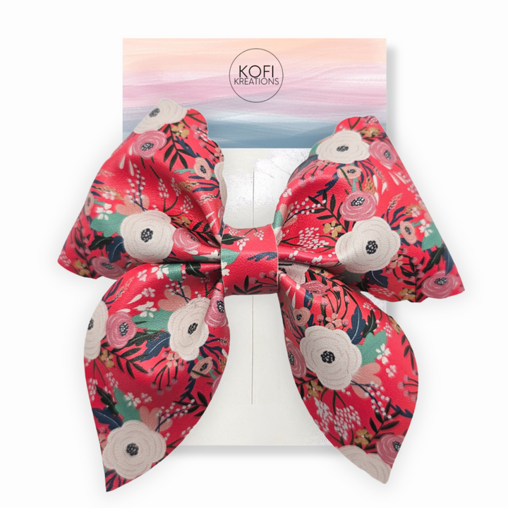 Pink Flowers Fable Leather Hair Bow