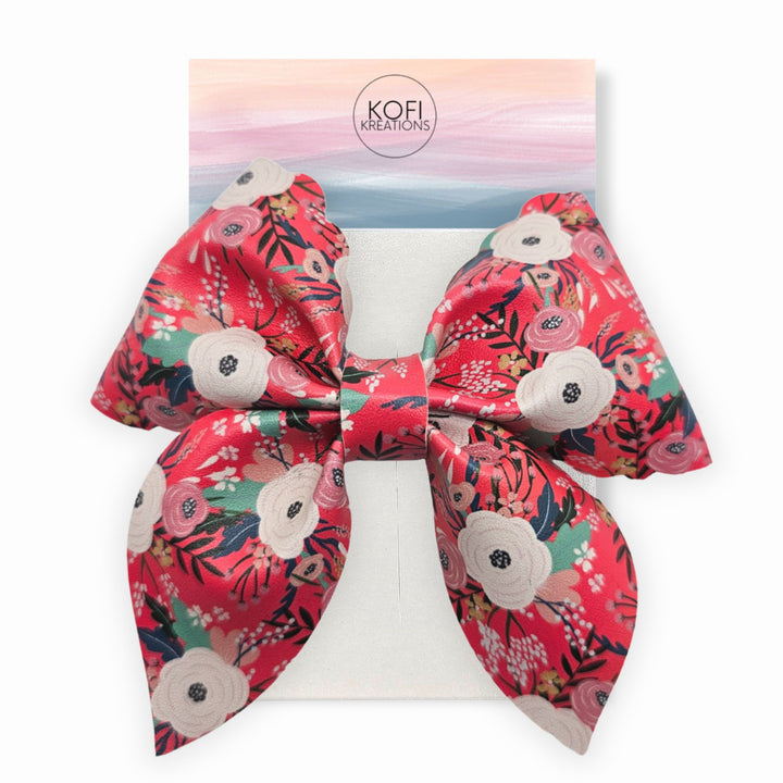 Pink Flowers Fable - Faux Leather Hair Bow