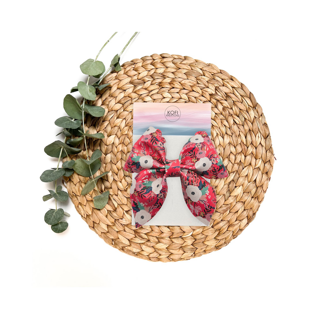 Pink Flowers Fable | Faux Leather Hair Bow