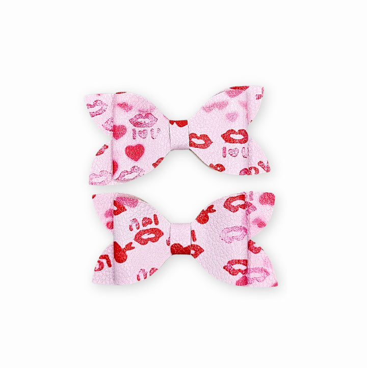 Luna - Pink & Red Kisses Faux Leather Hair Bow Set