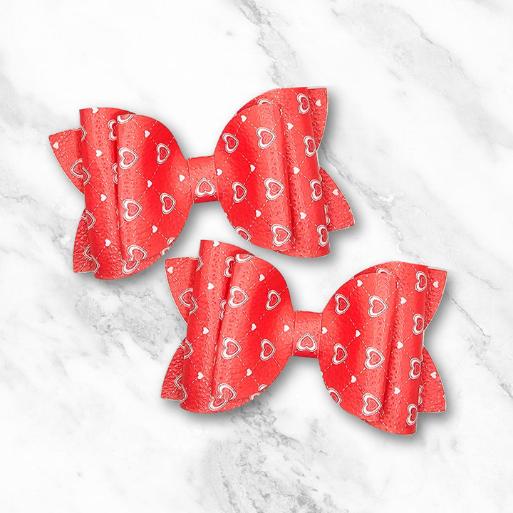 Josie - Red & Silver Heart Faux Leather Hair Bow