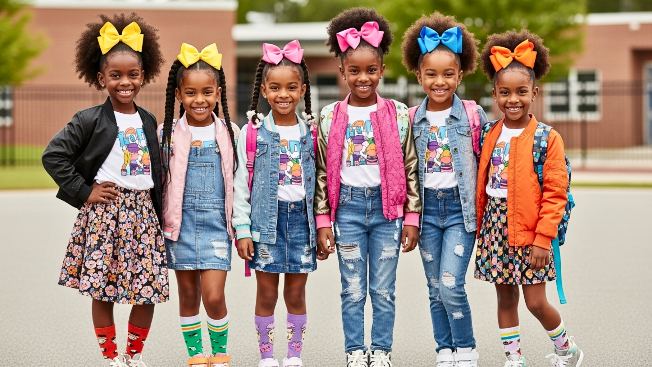 Five young girls in colorful outfits with backpacks standing in a line outdoors.