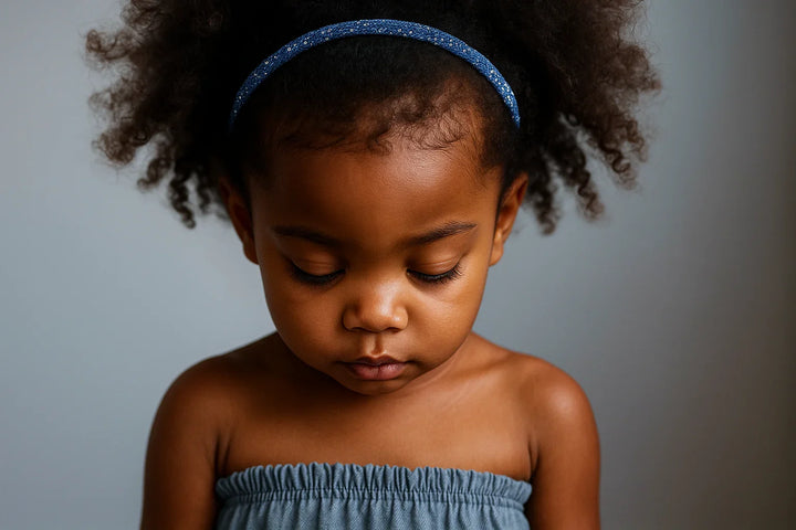 Young Black girl wearing a sparkly blue glitter headband, looking down with a soft expression. Her natural curls are styled back, and she’s dressed in a blue ruffle top against a neutral background.