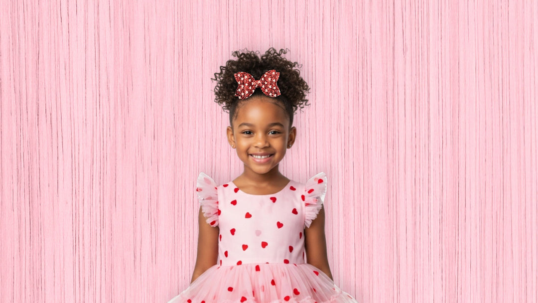 Young girl in a pink dress with heart patterns against a pink background