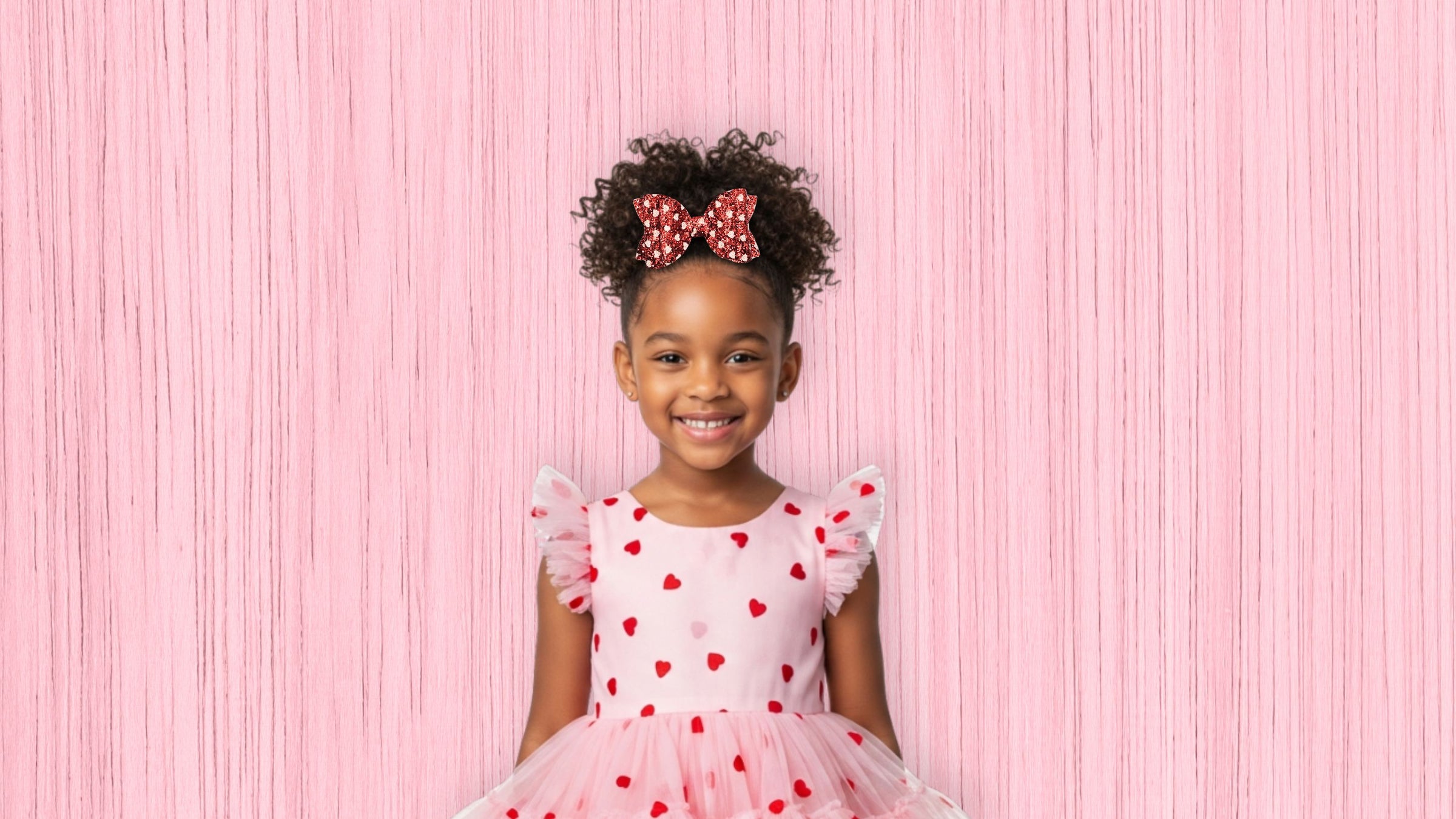 Young girl in a pink dress with heart patterns against a pink background
