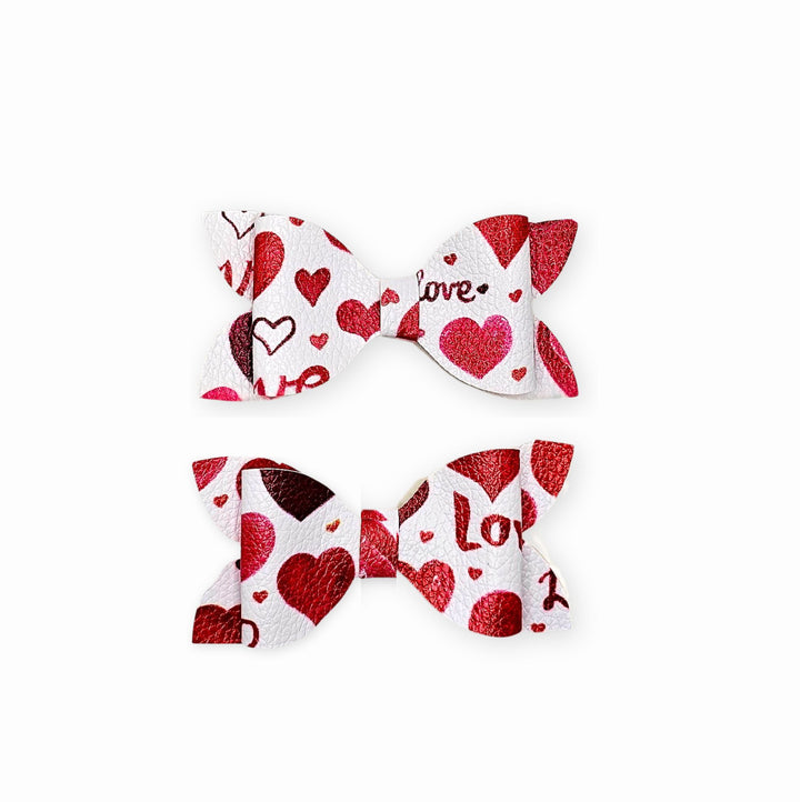 Luna | White Hearts Faux Leather Hair Bow Set