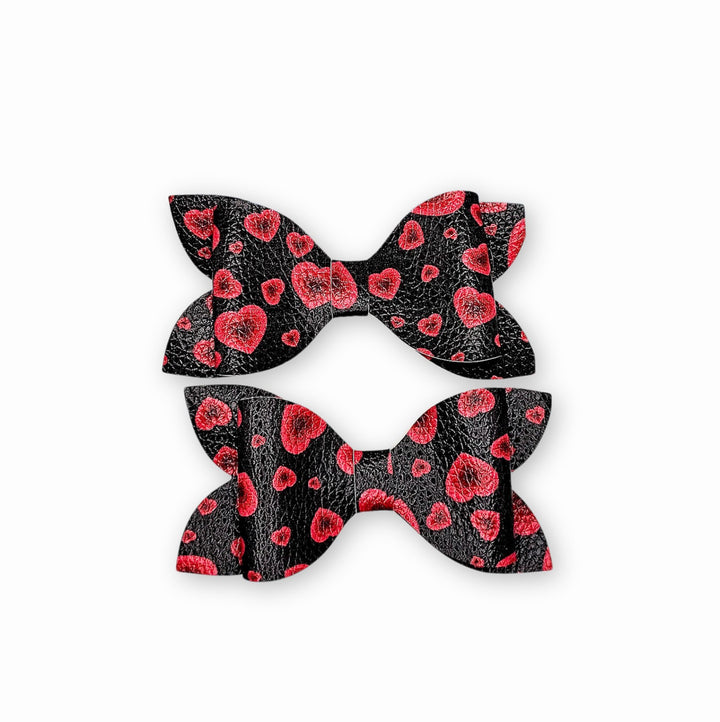 Luna | Red & Black Hearts Faux Leather Hair Bow Set