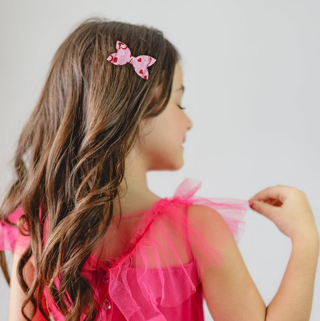 Luna | Pink Hearts Faux Leather Hair Bow Set