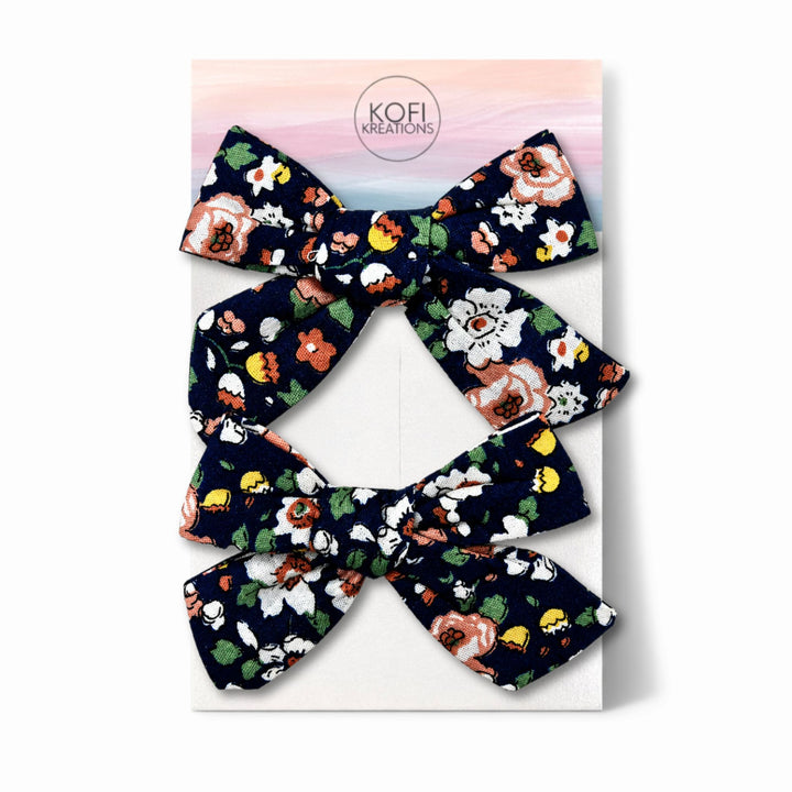 Dark Blue Flower | Pigtail Hair Bows