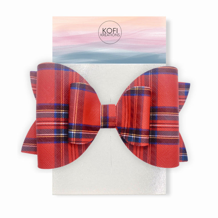 Red Plaid | Faux Leather Hair Bow