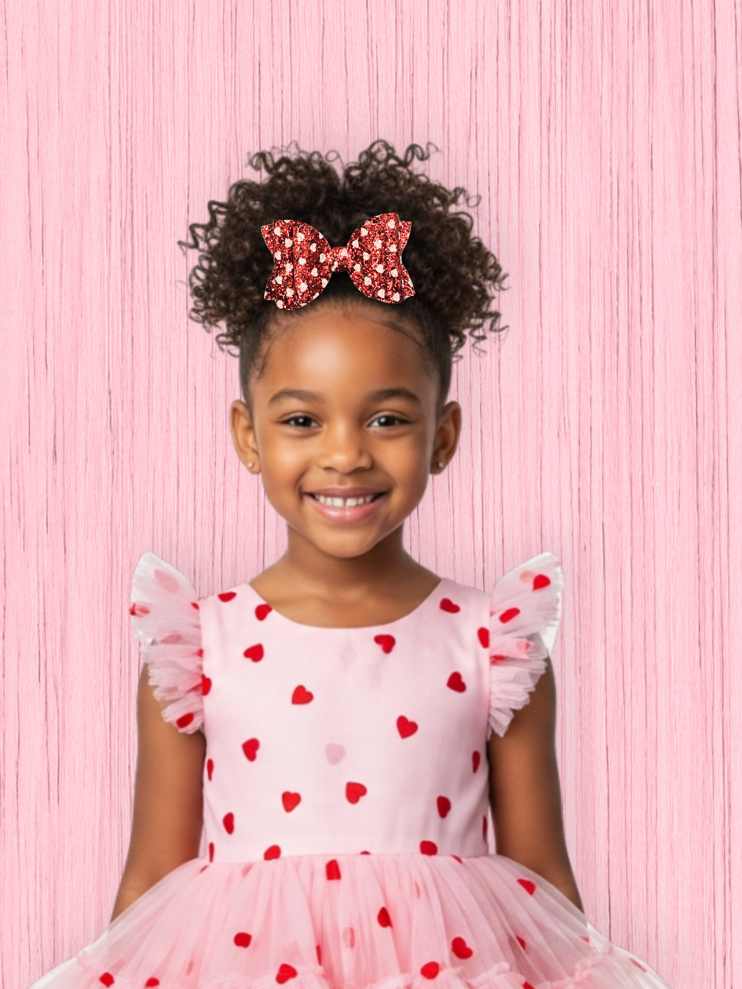 Young girl wearing a pink dress with heart patterns and a red bow against a pink background