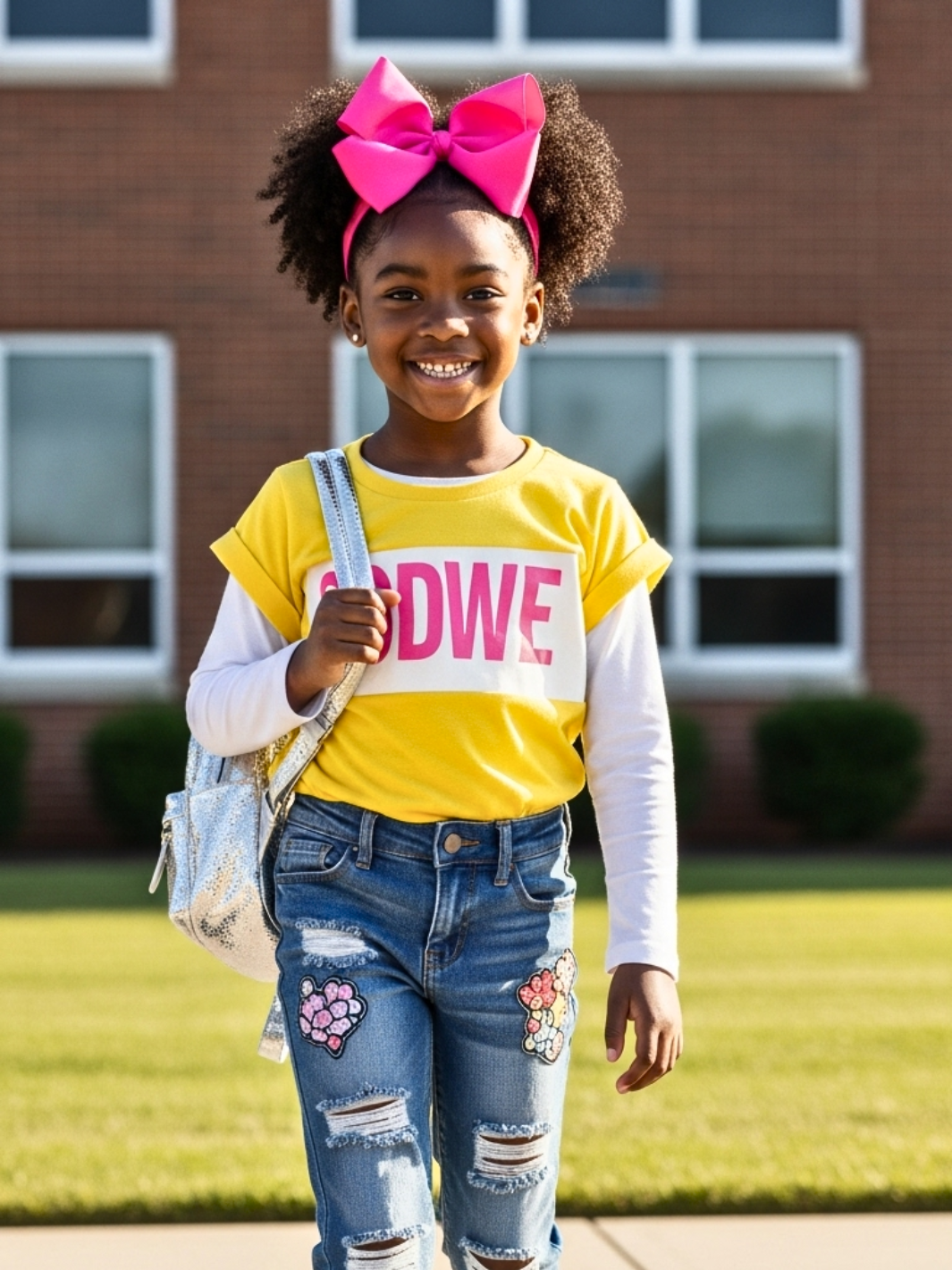 Young girl wearing a yellow shirt with 'DWE' text, blue jeans with patches, and a pink bow outdoors.