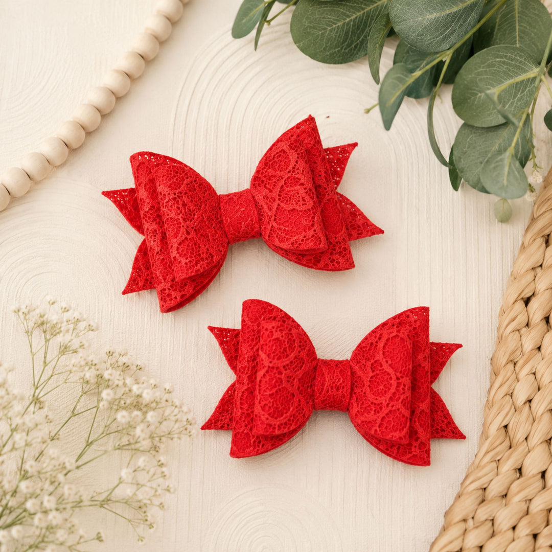 Ella Red Lace | Faux Leather Hair Bow