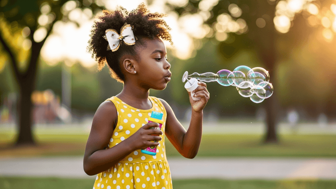 Child blowing bubbles in a park with a blurred background