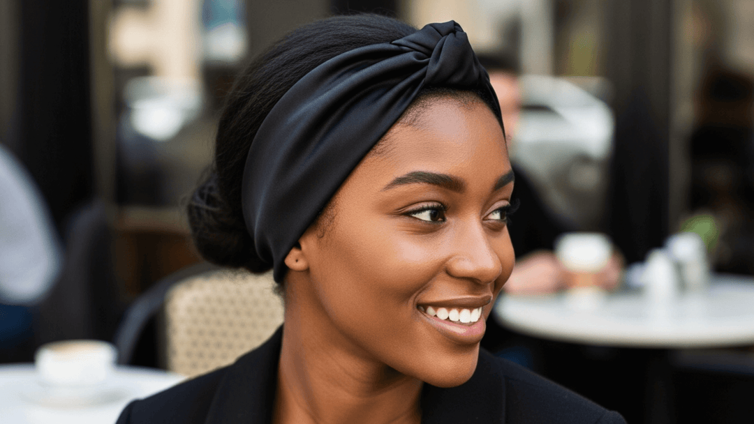 Woman wearing a black headscarf smiling outdoors